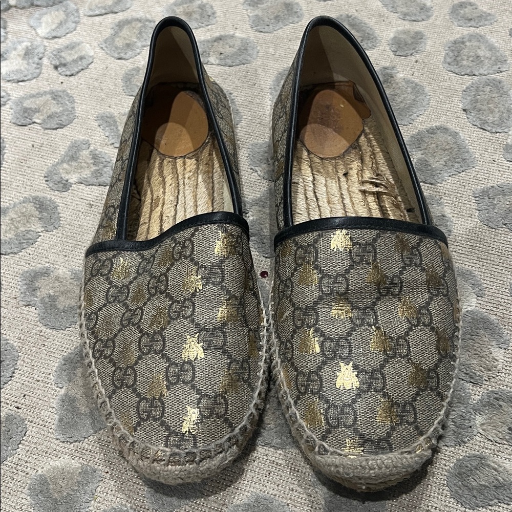 Gucci Beige and Gold Monogram Espadrilles